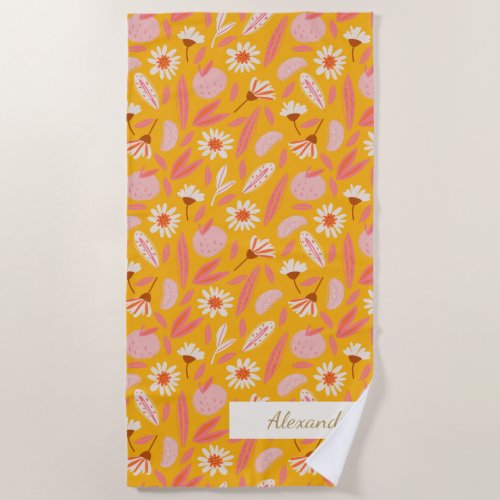 Abstract Botanical Fruit Modern Boho Yellow Name Beach Towel