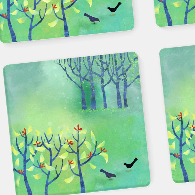 Abstract Botanical Green Art Coaster Set (Abstract green landscape art coaster set)