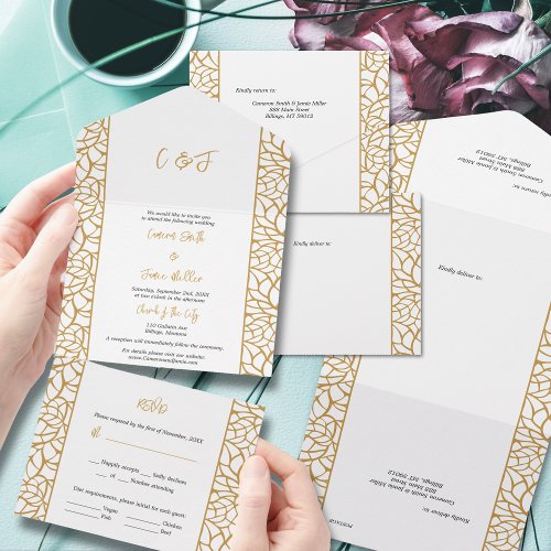 Abstract Botanical Line Foliage White  Aztec Gold All In One Invitation