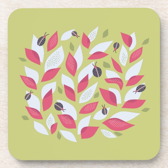 Abstract Botanical Pink Leaves Ladybugs Spring Coaster (Front)