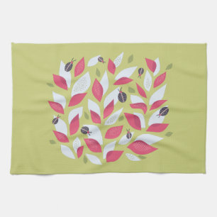 Abstract Botanical Pink Leaves Ladybugs Spring Towel