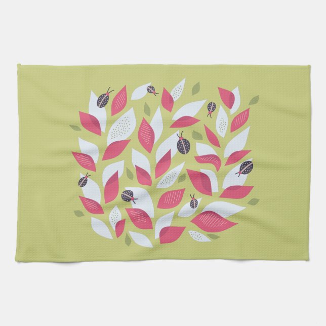 Abstract Botanical Pink Leaves Ladybugs Spring Towel (Horizontal)