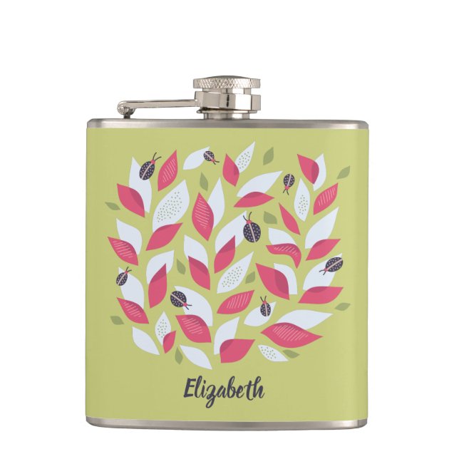 Abstract Botanical Pink Leaves Spring Name Flask (Front)