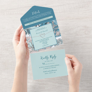 Abstract Botanical Teal Wedding All In One Invitation