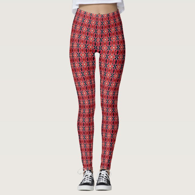Abstract brick red, black and white pattern leggings (Front)