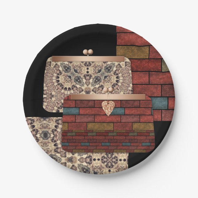 Abstract bricks wall ornamental print bags clutche paper plates (Front)