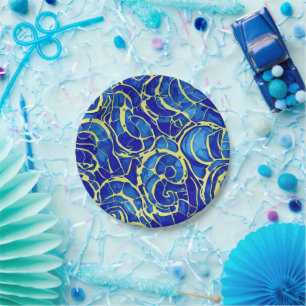 Abstract Bright Blue Mosiac Pattern Paper Plates