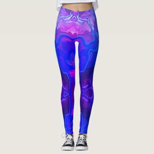 Abstract Bright Blue Purple Swirled Gemstone Leggings