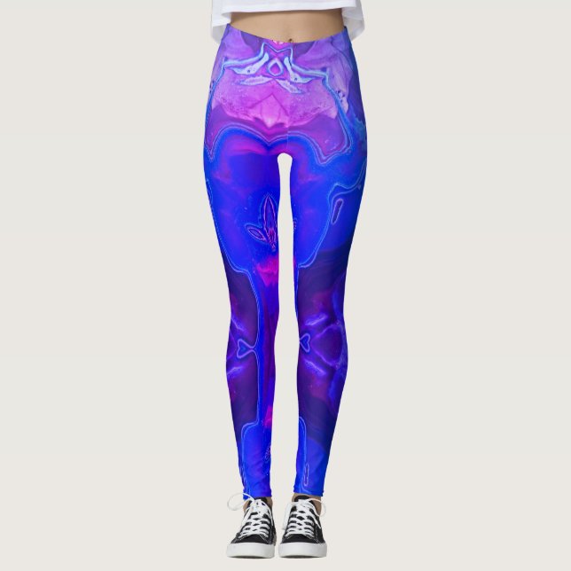 Abstract Bright Blue Purple Swirled Gemstone Leggings (Front)