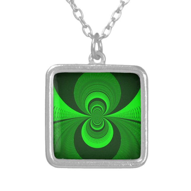 Abstract Bright Green Groovy kaleidoscope Pattern  Silver Plated Necklace (Front)