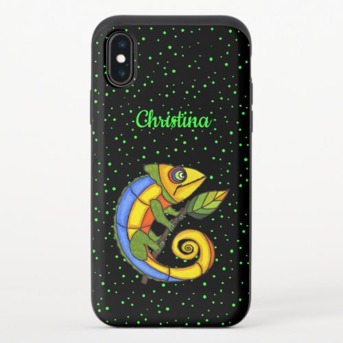 Abstract Brightly Colored Lizard Holding Leaf Dots iPhone X Slider Case