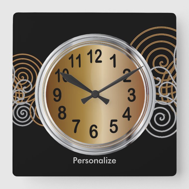 Abstract Bronze and Silver Metallic Design Square Wall Clock (Front)