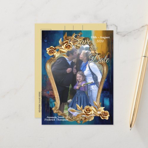 Abstract bronze gold_blue Baroque style  Announcement Postcard