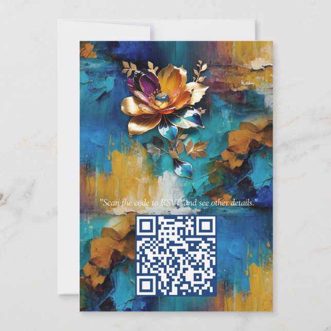 Abstract bronze, gold-blue Baroque style Invitation (Back)