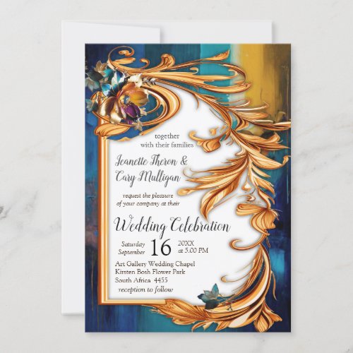 Abstract bronze gold_blue Baroque style  Invitation