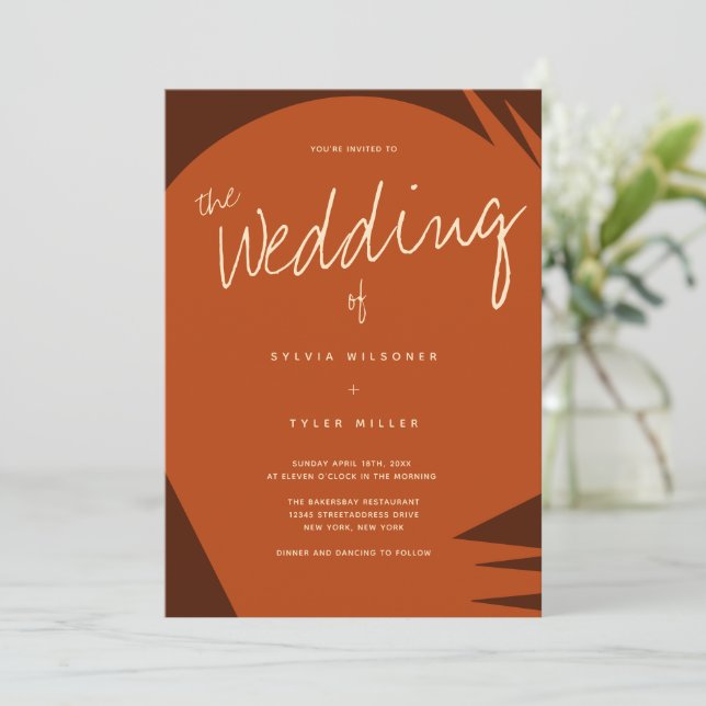 Abstract Brown Burnt Orange Typography Wedding Invitation (Standing Front)