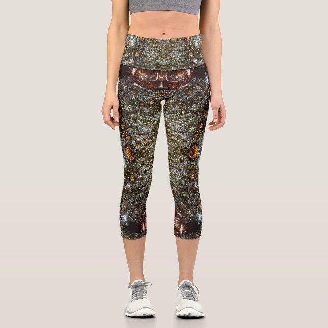 Abstract brown, dark gray texture pattern capri leggings (Front)
