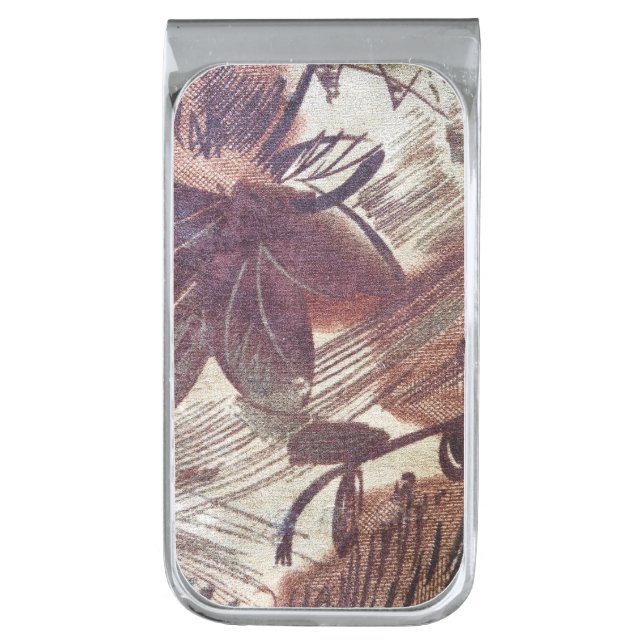 Abstract Brown Floral Design 1 Silver Finish Money Clip (Front Vertical)