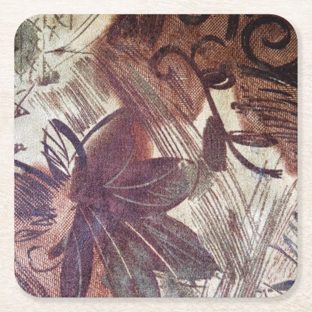 Abstract Brown Floral Design 1 Square Paper Coaster (Front)