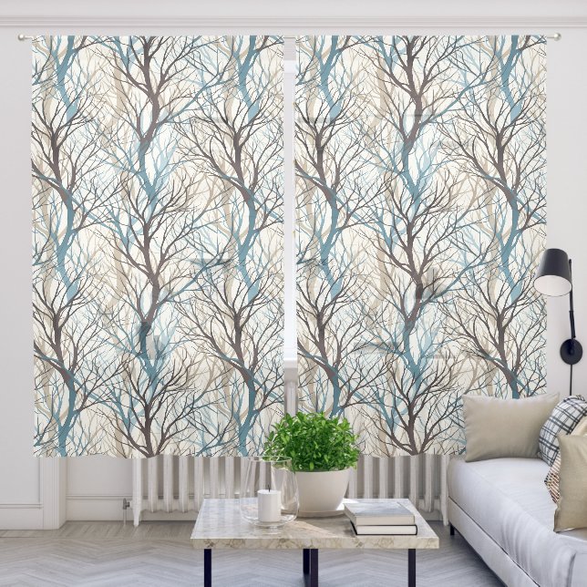 Abstract brown teal tree branches sheer curtains (Living Room)