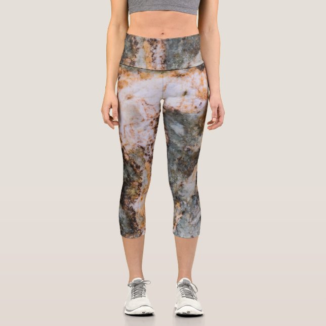Abstract brown white grungy rock texture capri leggings (Front)