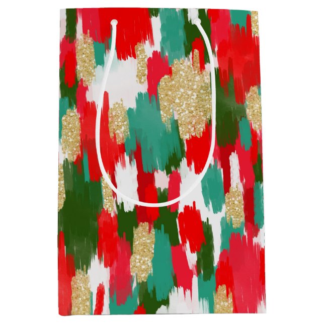 Abstract Brush Strokes Gold Glitter Christmas  Medium Gift Bag (Front)