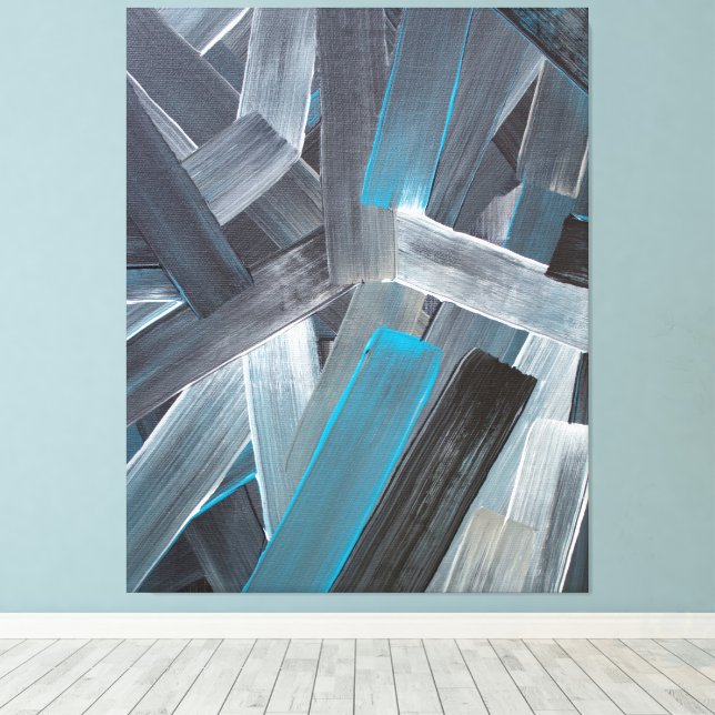 Abstract Brush Strokes in Blue, Gray, and Black Canvas Print (Insitu(Wood Floor))