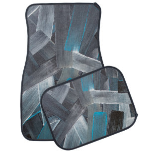 Abstract Brush Strokes in Blue, Gray, and Black Car Floor Mat