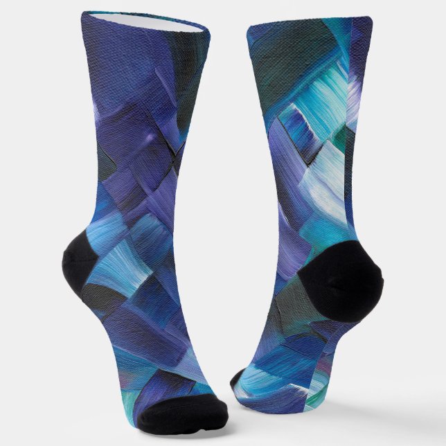 Abstract Brush Strokes in Blue, Teal, and Purple Socks (Angled)