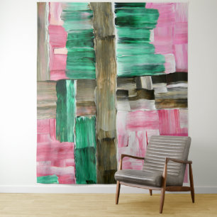 Abstract Brush Strokes in Green, Pink, and Brown Tapestry