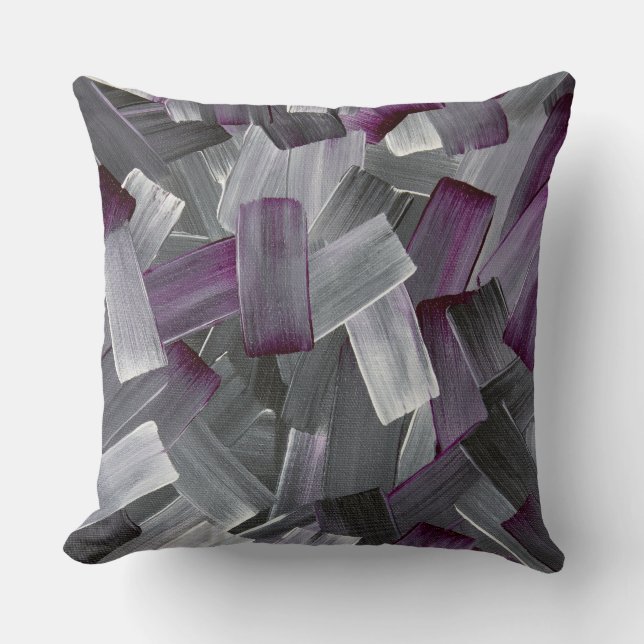 Abstract Brush Strokes in Purple, Black, and Gray Throw Pillow (Front)