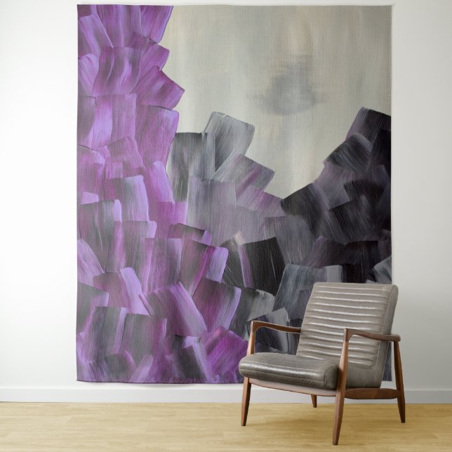Abstract Brush Strokes in Purple, Gray, and Black Tapestry (In Situ)