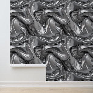 Abstract Brushed Silver Liquid Metal Pattern Wallpaper