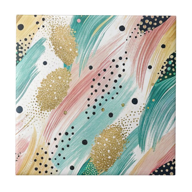 Abstract Brushstroke & Dot Pattern - Gold Accent 2 Ceramic Tile (Front)