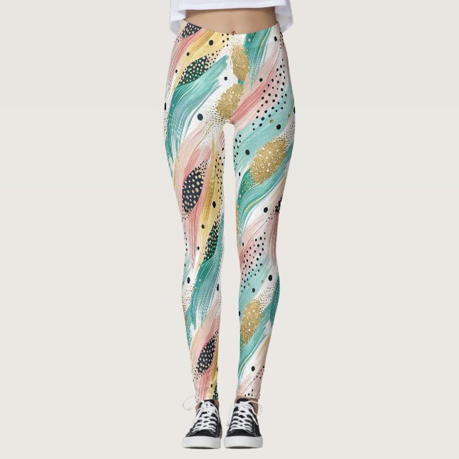 Abstract Brushstroke & Dot Pattern - Gold Accent 2 Leggings (Front)
