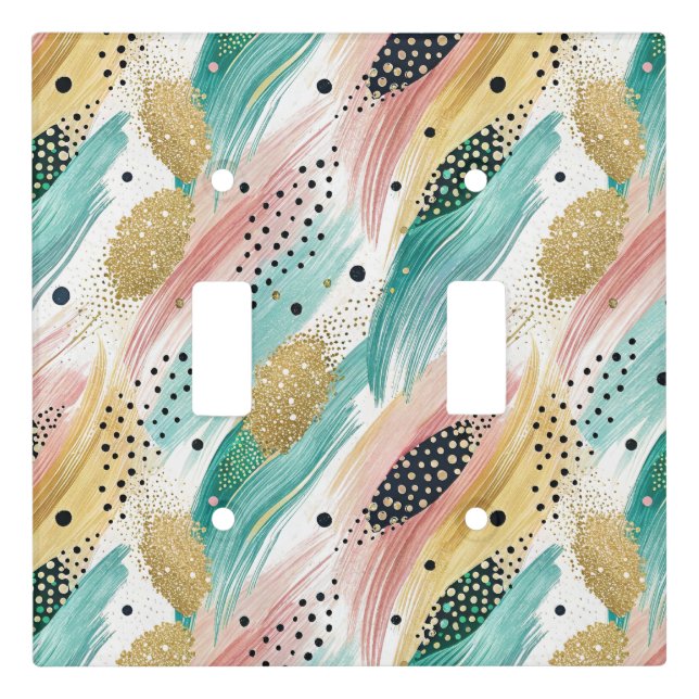 Abstract Brushstroke & Dot Pattern - Gold Accent 2 Light Switch Cover (Front)