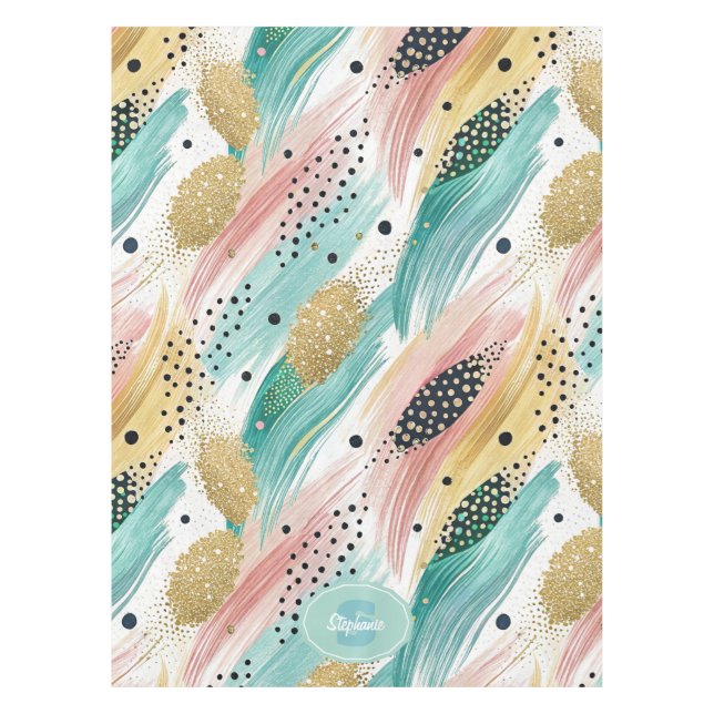 Abstract Brushstroke & Dot Pattern - Gold Accent 2 Tablecloth (Front)