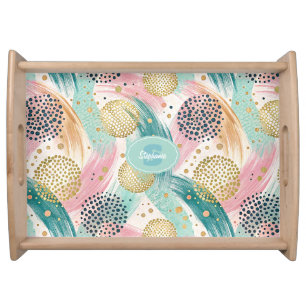 Abstract Brushstroke & Dot Pattern - Gold Accents Serving Tray