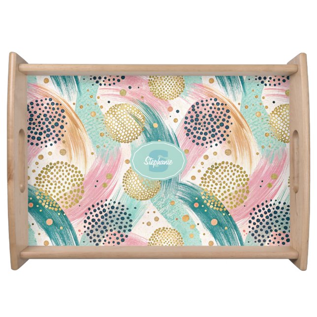 Abstract Brushstroke & Dot Pattern - Gold Accents Serving Tray (Front)