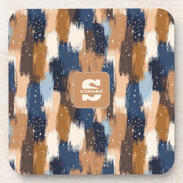 Abstract Brushstrokes in Blue, White & Brown (2) Beverage Coaster (Front)