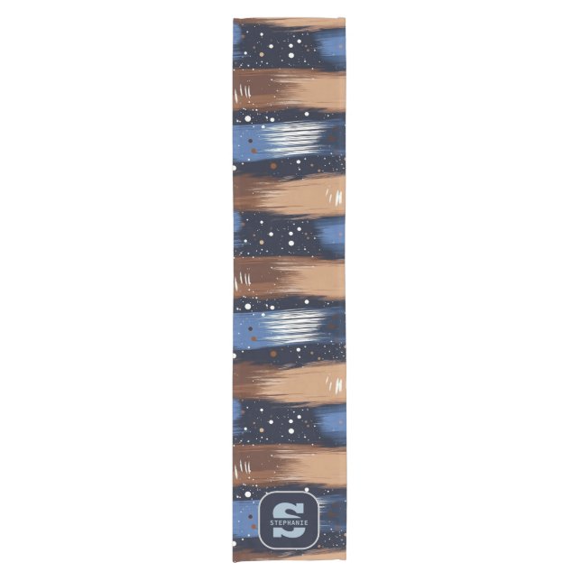 Abstract Brushstrokes in Blue, White & Brown (3) Short Table Runner (Front)