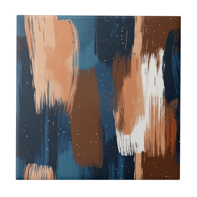 Abstract Brushstrokes in Blue, White & Brown Ceramic Tile (Front)
