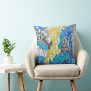 Abstract Brushstrokes in Yellow, Blue, and Gray Throw Pillow