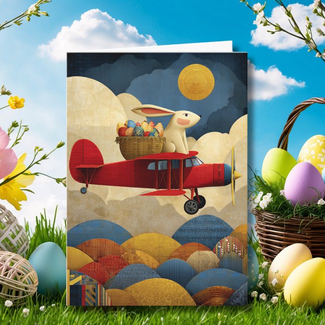 Abstract Bunny Flies Airplane Clouds Custom Easter Card (Creator Uploaded)