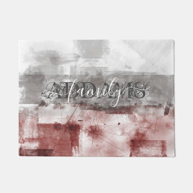 Abstract Burgundy Gray White Family monogram Doormat (Front)