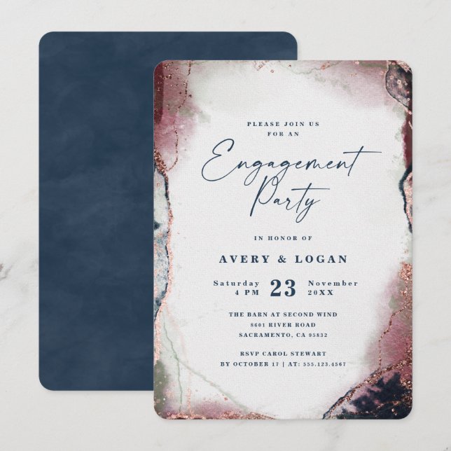 Abstract Burgundy & Navy Blue Engagement Party Invitation (Front/Back)