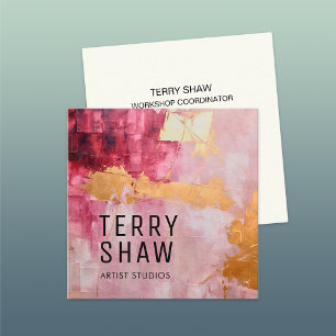 Abstract Burgundy Pink Gold Paint Square Business Card