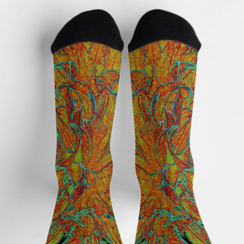 Abstract Burnt Orange and Green Dahlia Bloom Socks