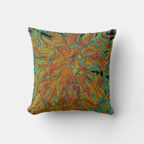 Abstract Burnt Orange and Green Dahlia Bloom Throw Pillow