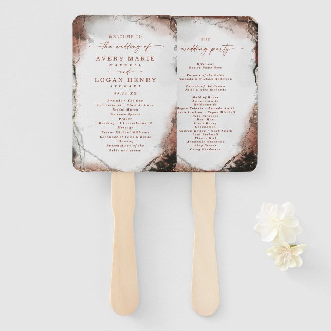Abstract Burnt Orange Wedding Ceremony Program Hand Fan (Front and Back)